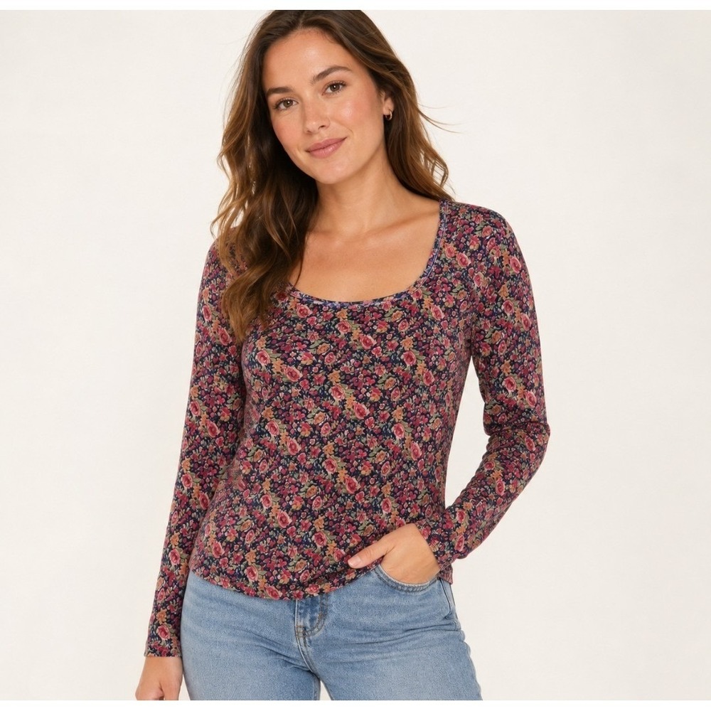 Natural Life Velvet Top Womens XL Blue Floral Excellent Square Neck Long Sleeve - Picture 1 of 7